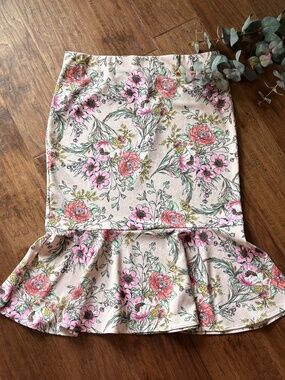 Messini Pink Floral Trumpet Style Elastic Waist Midi Skirt Women's Size XL